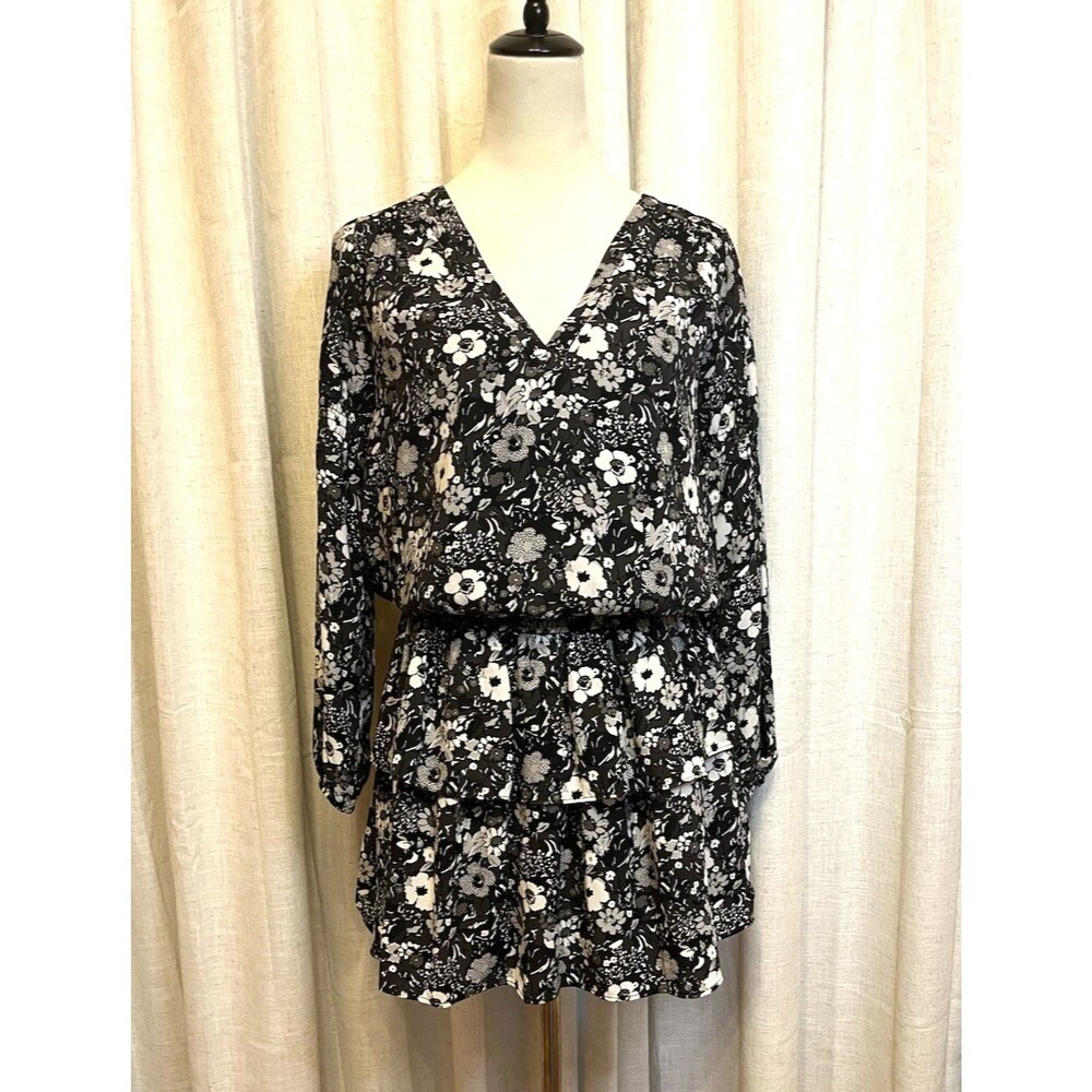 Gap Dress Womens XS Black Floral Mini Ruffle Tiered V-Neck Elastic Waist Party